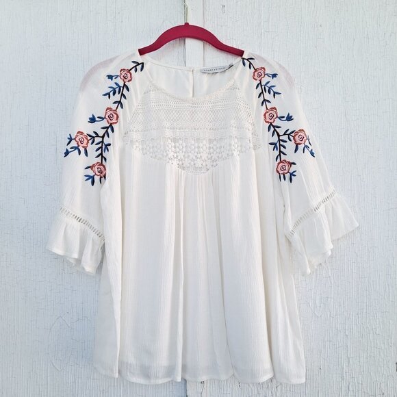 Paper Crane White Crochet Floral Embroidered Boho Flowy Top Medium - Picture 9 of 9